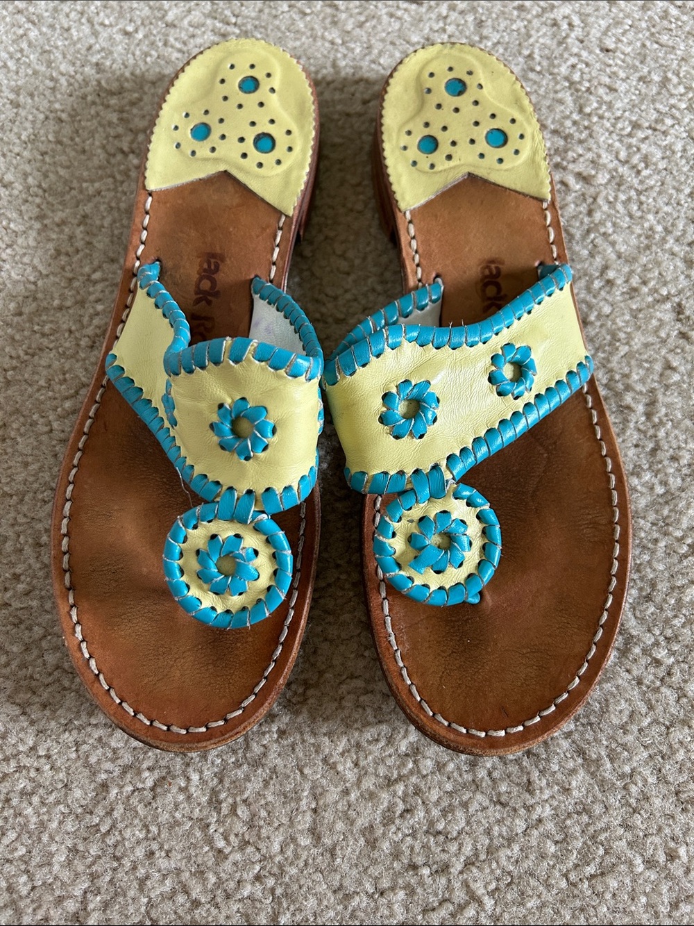 Jack Rogers Yellow & Turquoise Floral Leather Slide Sandals sz 7